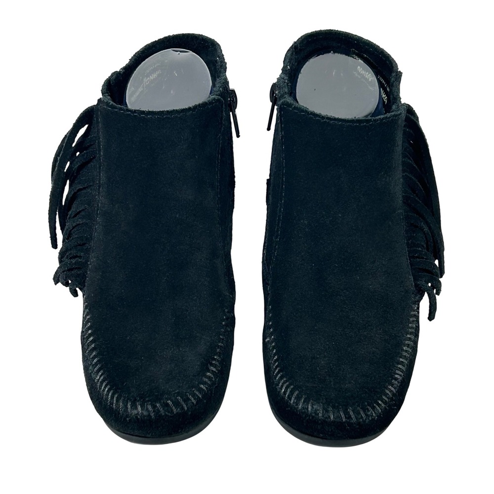Minnetonka Black Suede Fringe Ankle Boots Womens Size 7 Side Zip Moc Toe